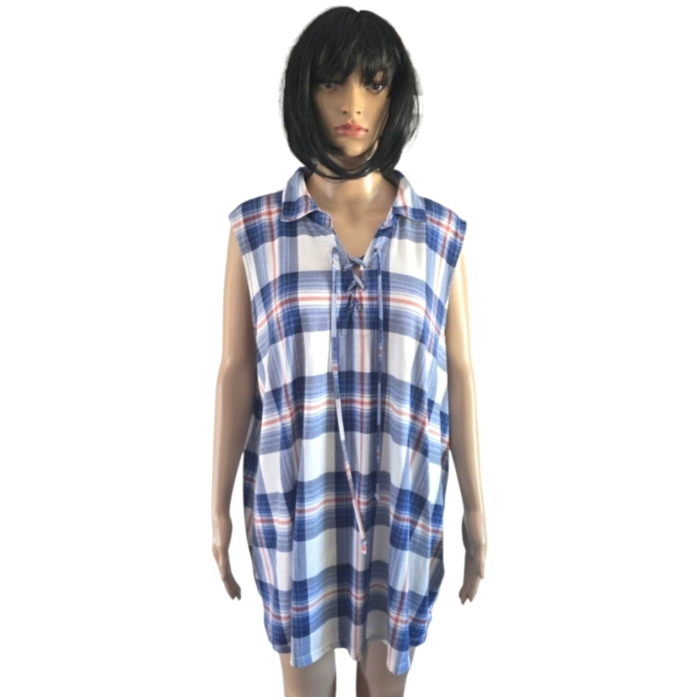 Sleeveless Blue Plaid Women's Top